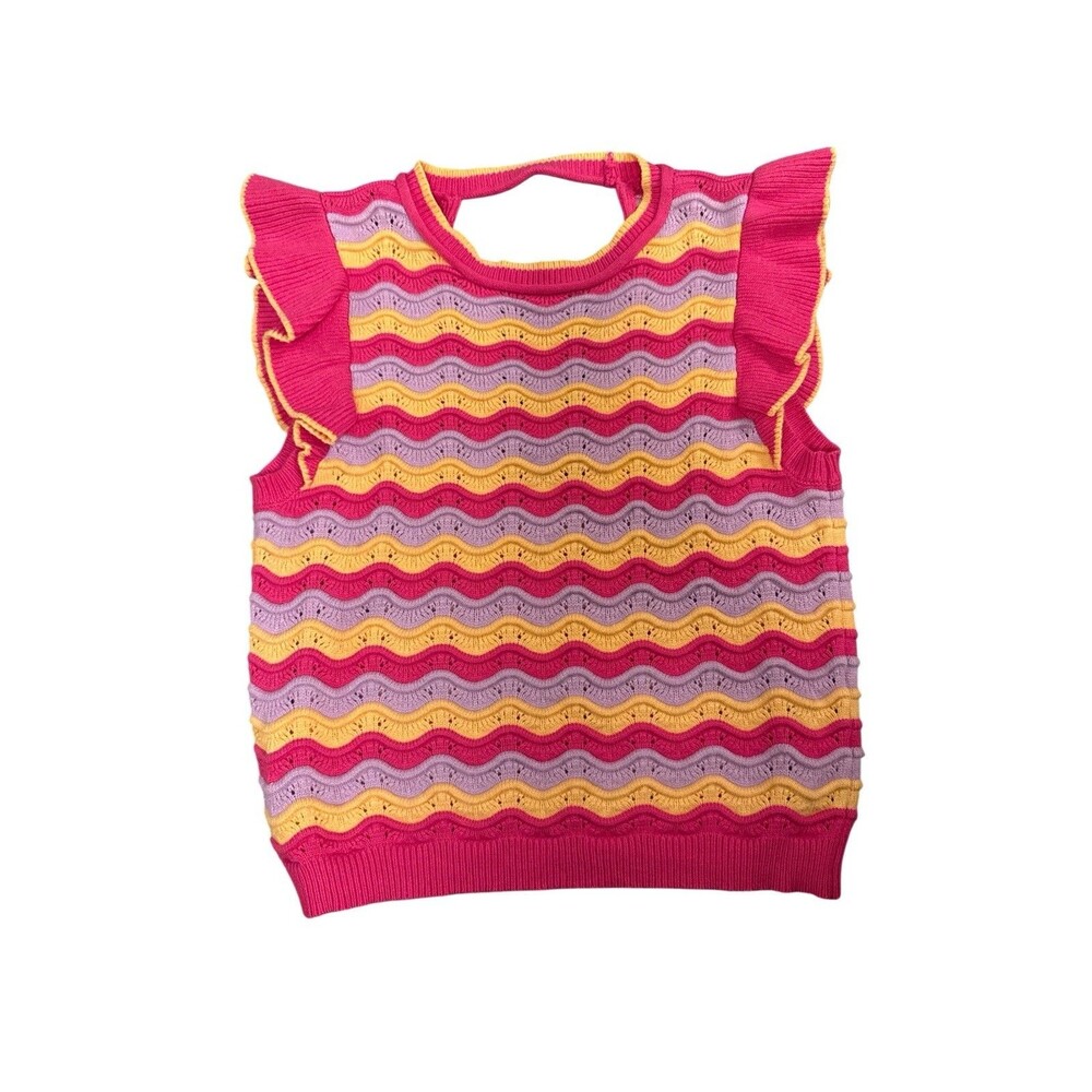 THML‎ Anthropologie Sz L Pink Yellow scallop wave knit sweater vest ruffled